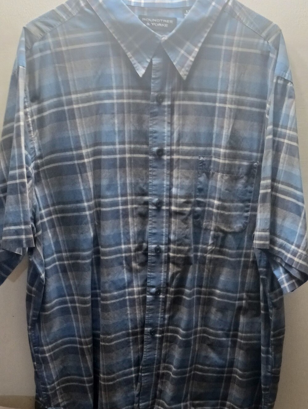 Roundtree & Yorke Blue and White Plaid Short-Sleeve Button-Up Shirt